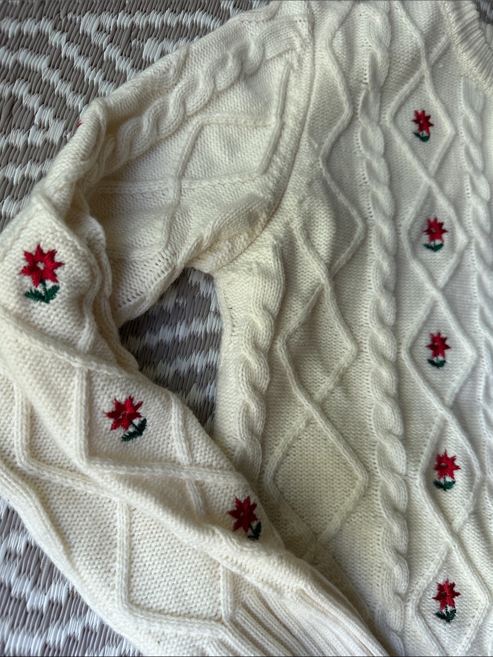 Cream Cable-Knit Button-Front Cardigan with Red Floral Embroidery